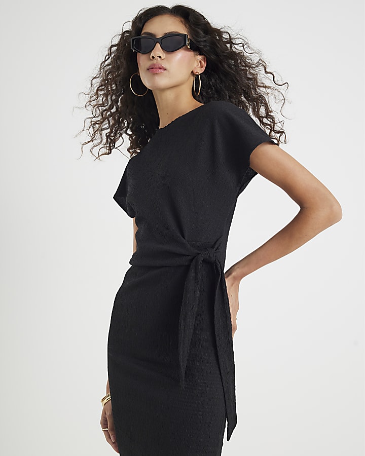 Black Textured Tie Waist Midi Dress