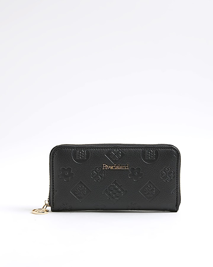 Black Embossed Monogram Zip Around Purse