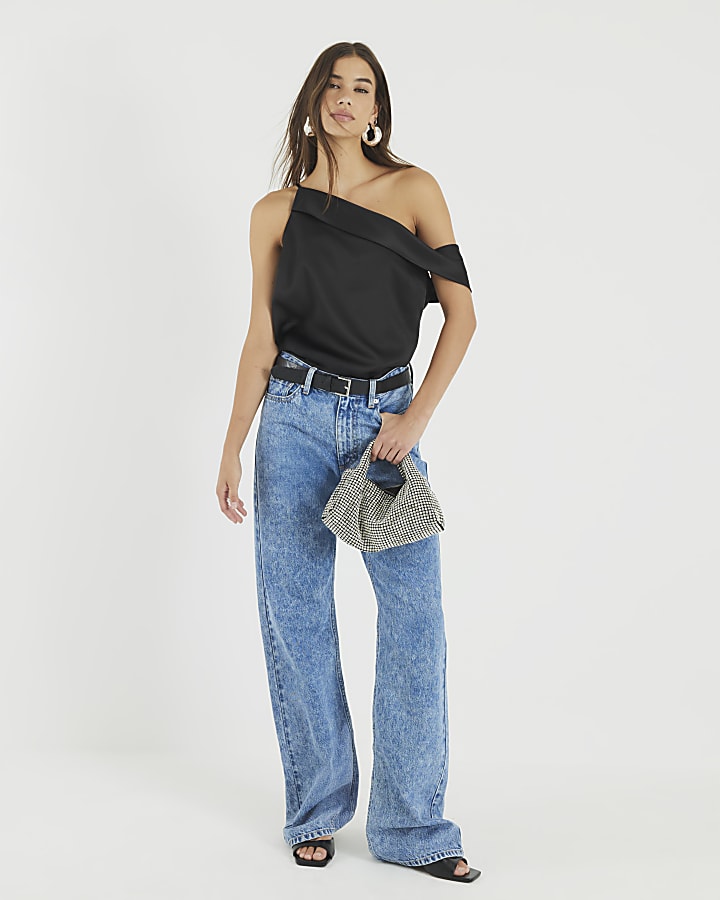 Black Satin One Shoulder Top