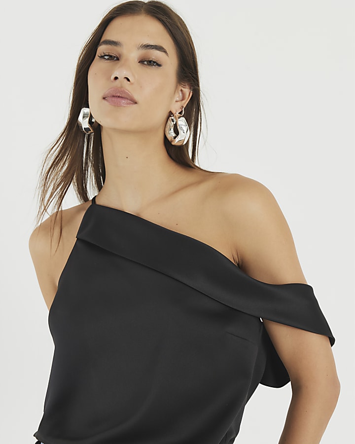 Black Satin One Shoulder Top