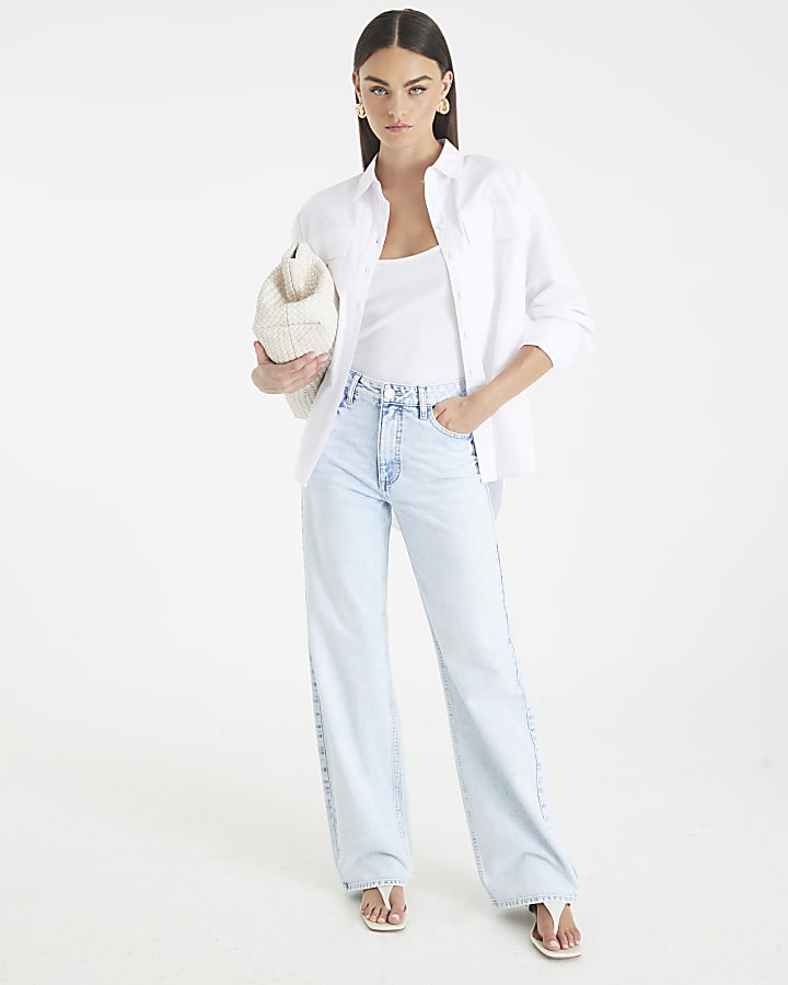 Blue High Rise Relaxed Straight Leg Jeans
