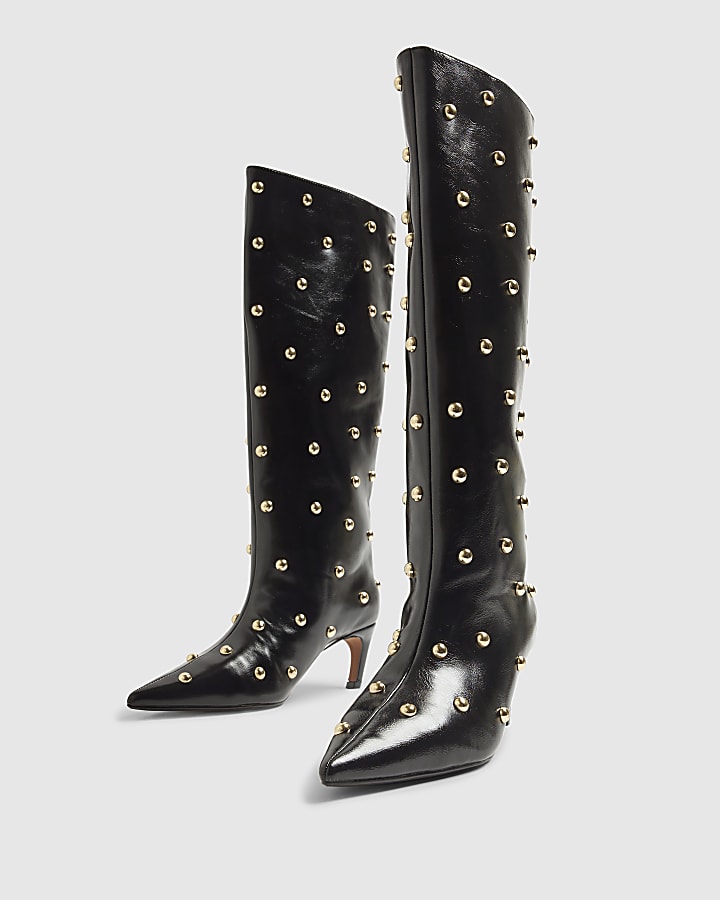 Black Faux Leather Studded High Leg Boots