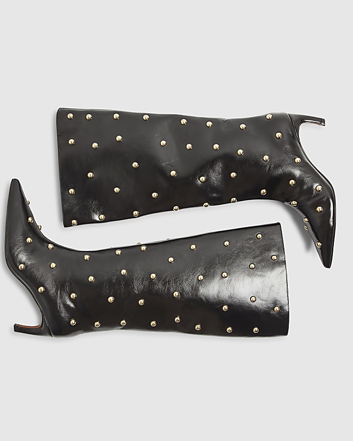 Black Faux Leather Studded High Leg Boots