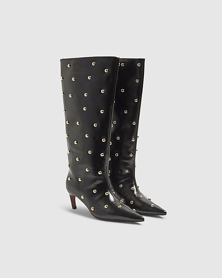 Black Faux Leather Studded High Leg Boots