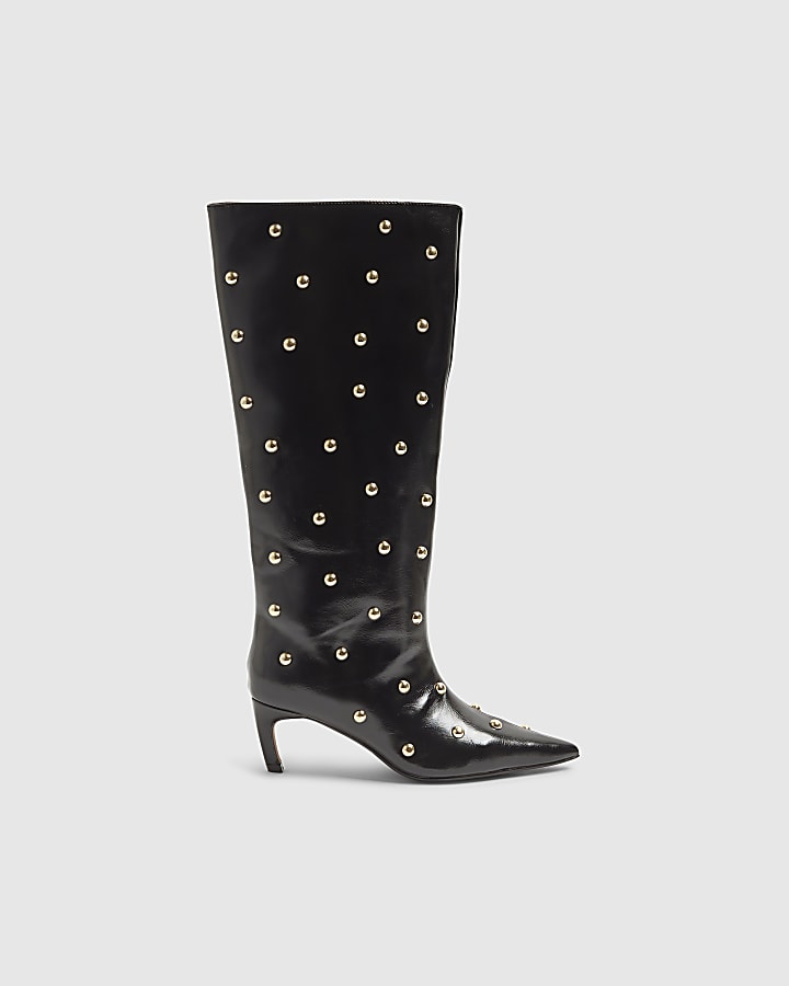 Black Faux Leather Studded High Leg Boots