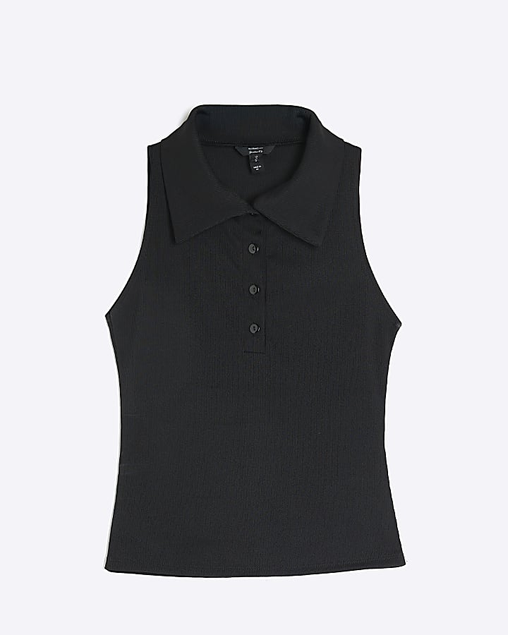 Black Sleeveless Button Up Polo Top