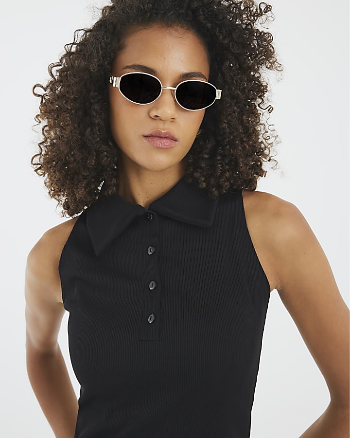 Black Sleeveless Button Up Polo Top