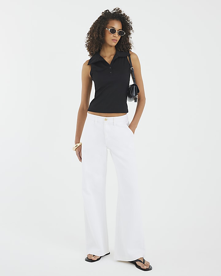 Black Sleeveless Button Up Polo Top