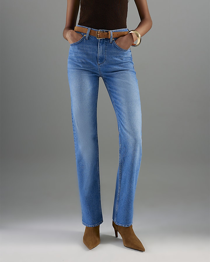 Blue Belted Stretch Straight Leg Jeans