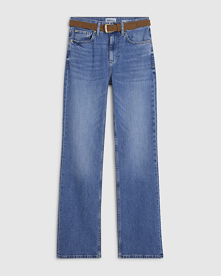 Blue Belted Stretch Straight Leg Jeans