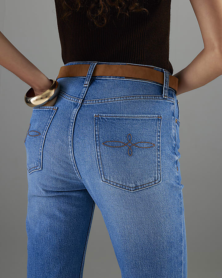 Blue Belted Stretch Straight Leg Jeans