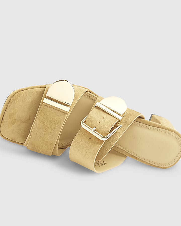 Beige Faux Suede Double Buckle Mule Sandal