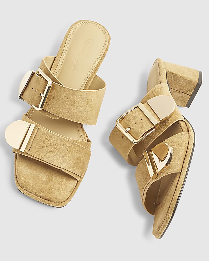 Beige Faux Suede Double Buckle Mule Sandal