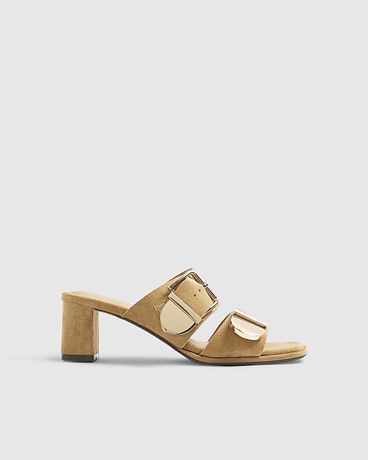 Beige Faux Suede Double Buckle Mule Sandal