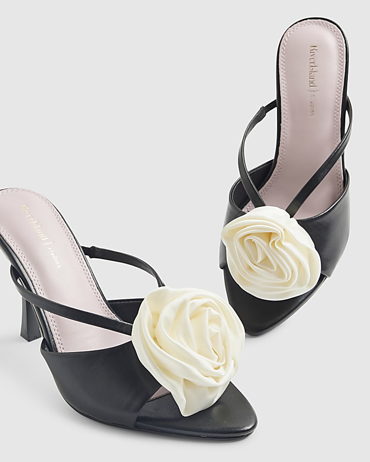 Black Mule Corsage Heeled Sandals