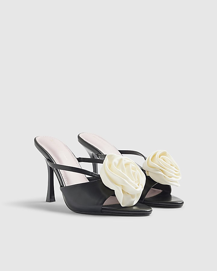 Black Mule Corsage Heeled Sandals