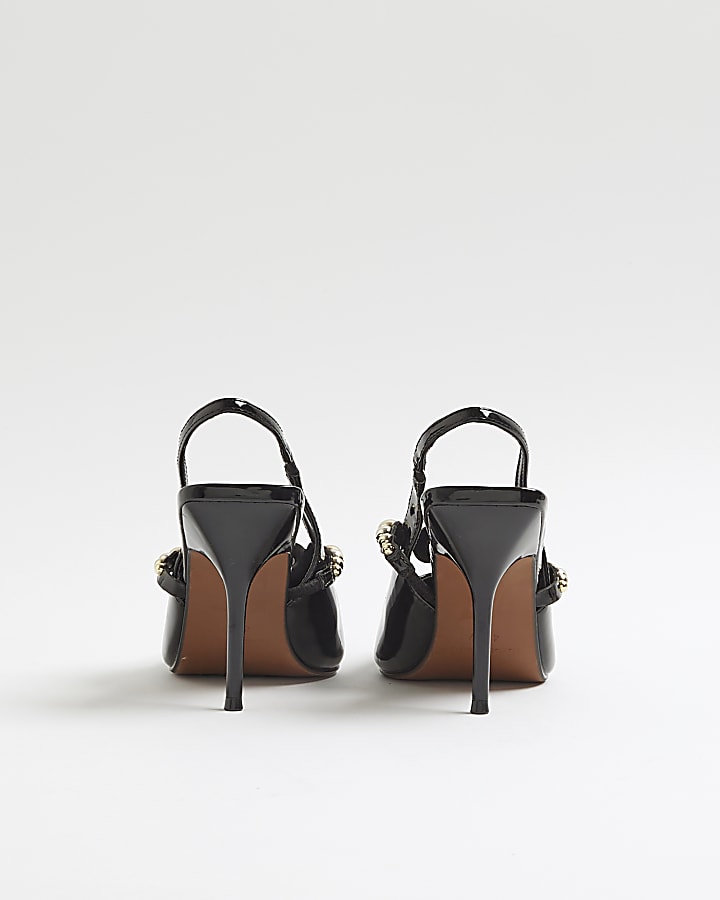 Black Embellished Strap Slingback Court Heels