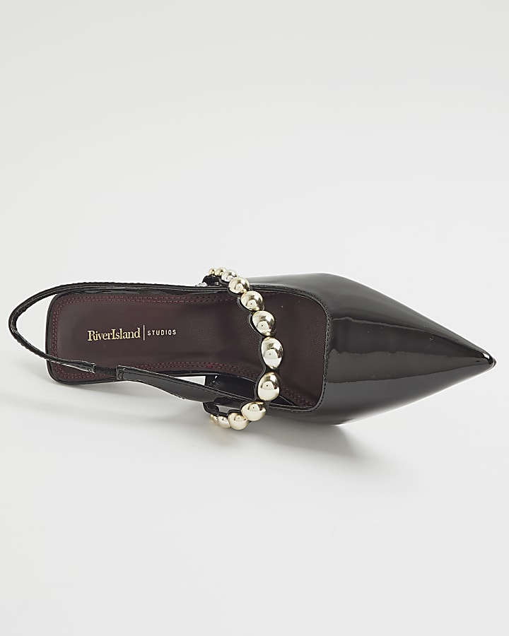 Black Embellished Strap Slingback Court Heels