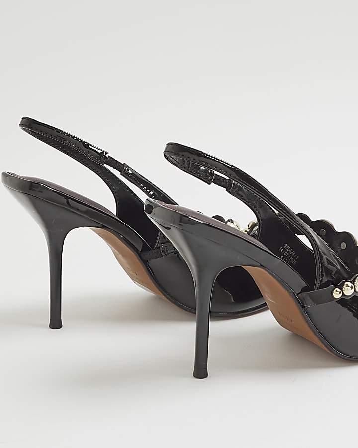 Black Embellished Strap Slingback Court Heels