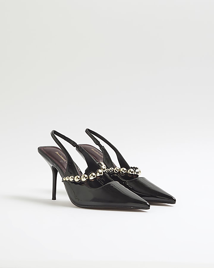 Black Embellished Strap Slingback Court Heels