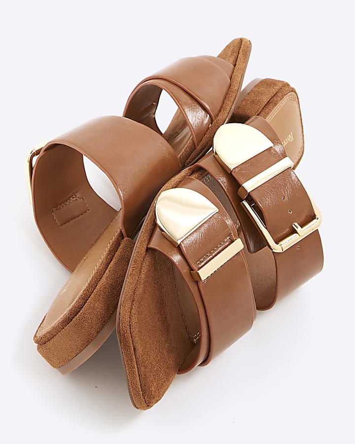Brown Buckle Detail Flat Sandals