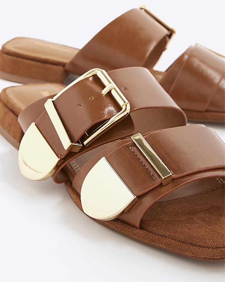 Brown Buckle Detail Flat Sandals