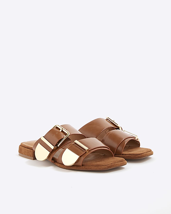 Brown Buckle Detail Flat Sandals