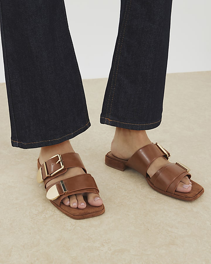 Brown Buckle Detail Flat Sandals