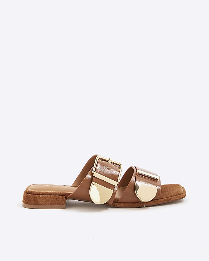 Brown Buckle Detail Flat Sandals