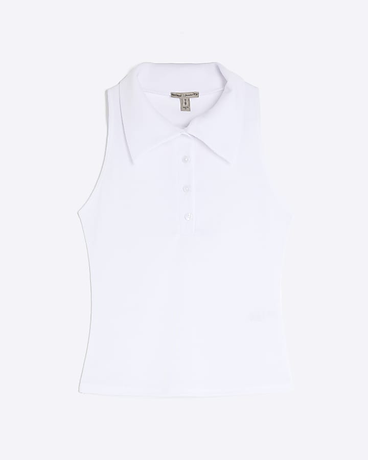 White Sleeveless Button Up Polo Top