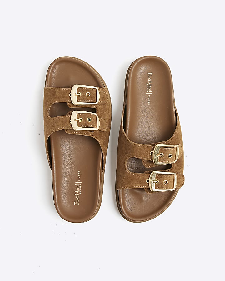 Brown Suede Double Strapped Footbed Sandals