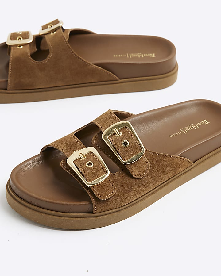 Brown Suede Double Strapped Footbed Sandals
