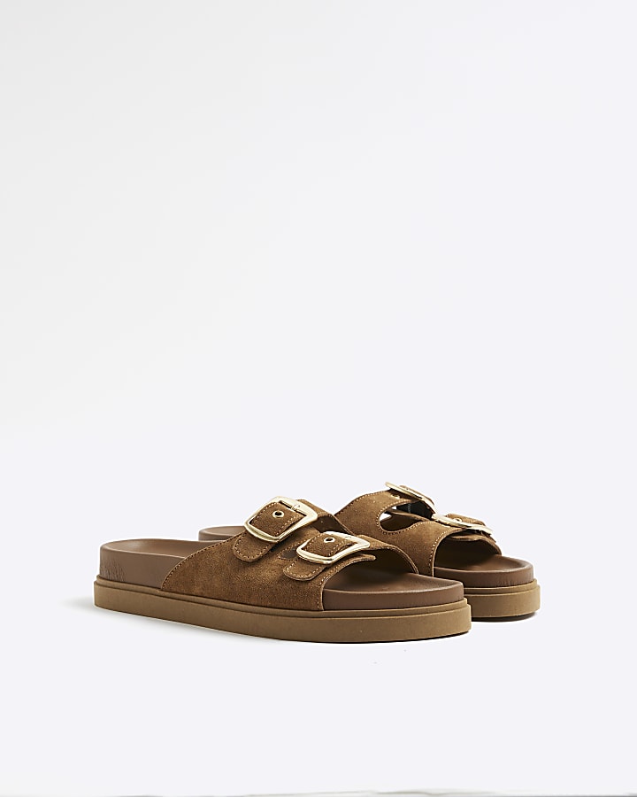 Brown Suede Double Strapped Footbed Sandals