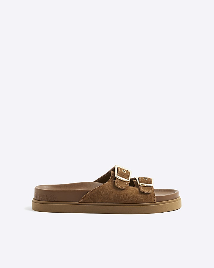 Brown Suede Double Strapped Footbed Sandals