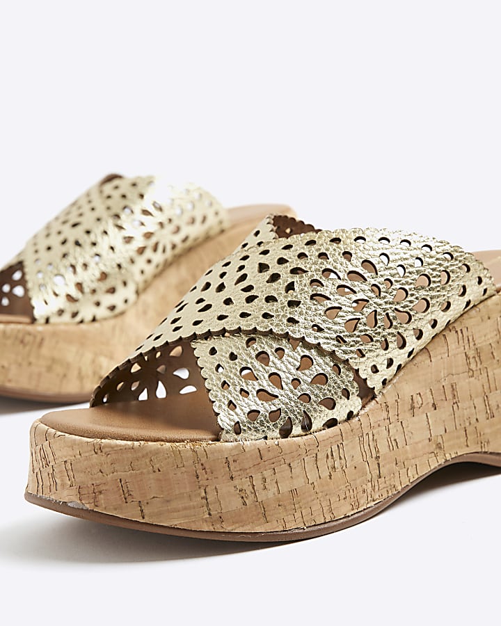 Gold Leather Laser Cut Wedge Sandals