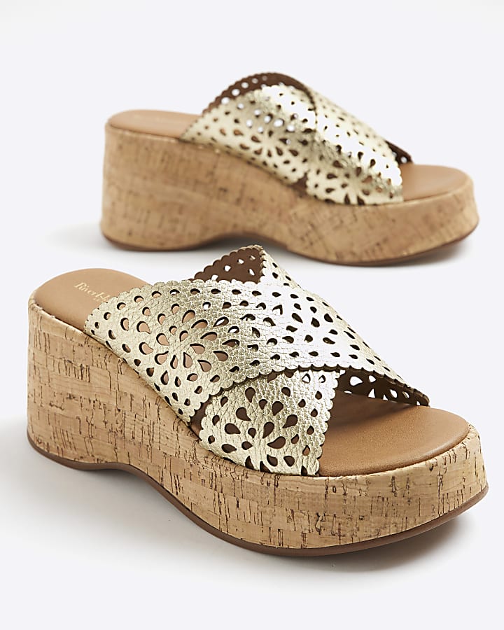 Gold Leather Laser Cut Wedge Sandals