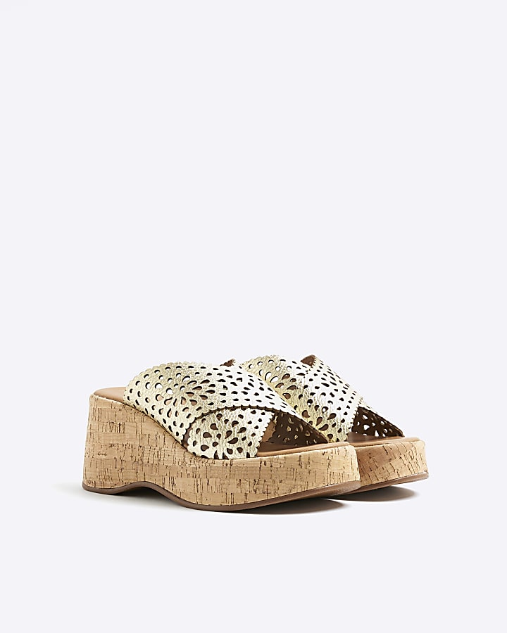 Gold Leather Laser Cut Wedge Sandals