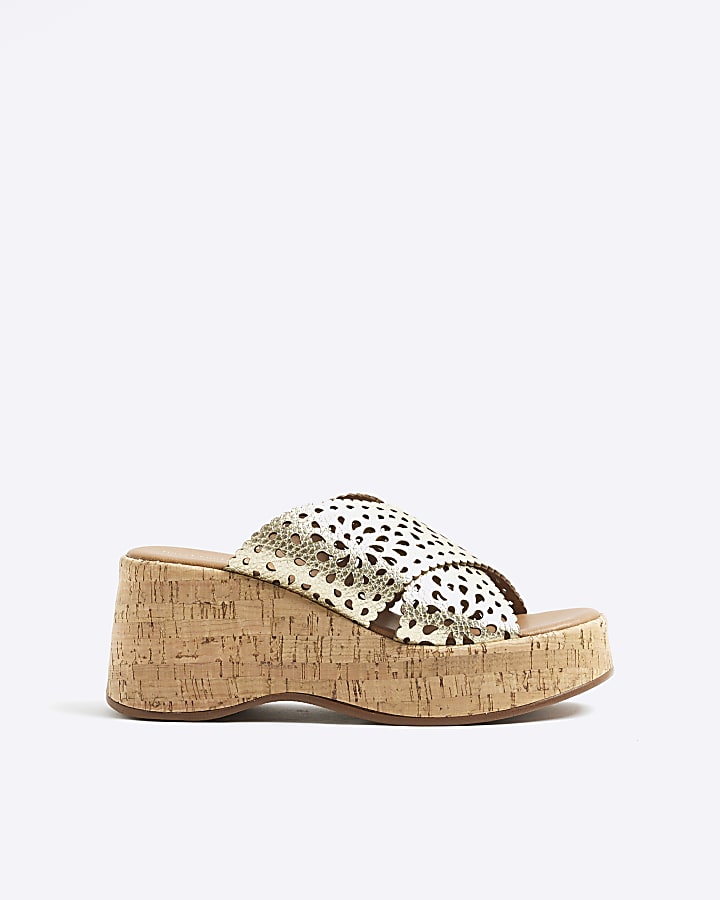 Gold Leather Laser Cut Wedge Sandals