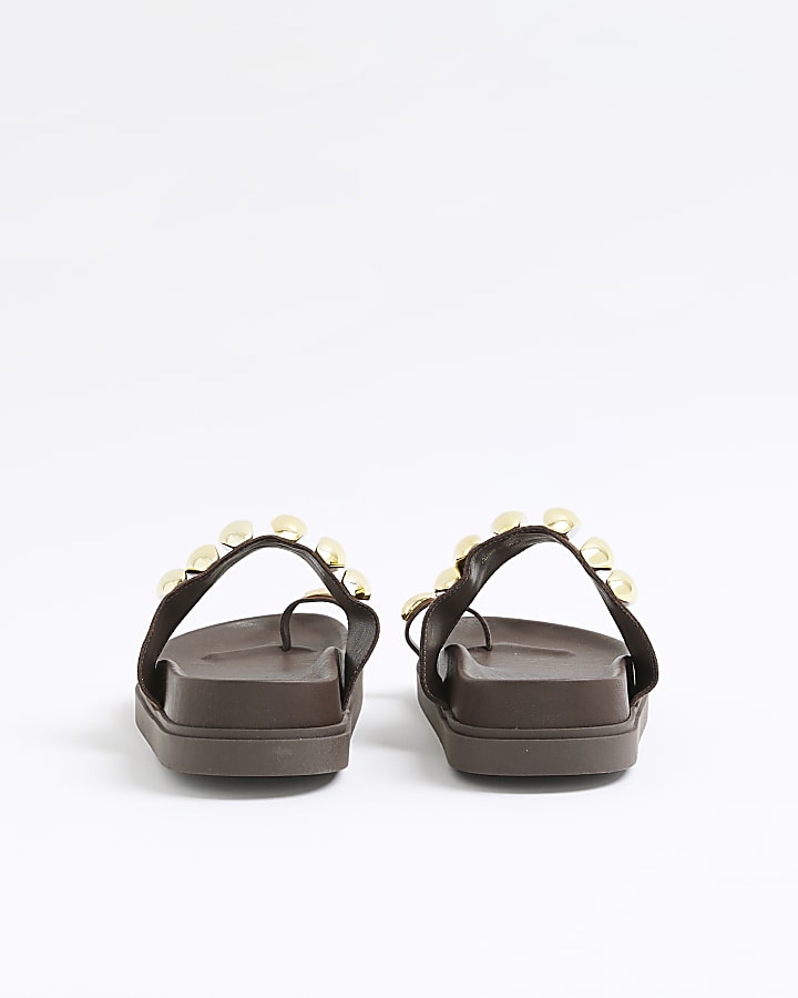 Brown Suede Studded Toe Clip Sandals