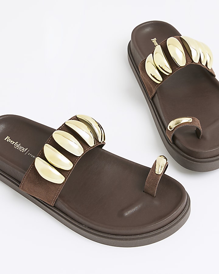 Brown Suede Studded Toe Clip Sandals