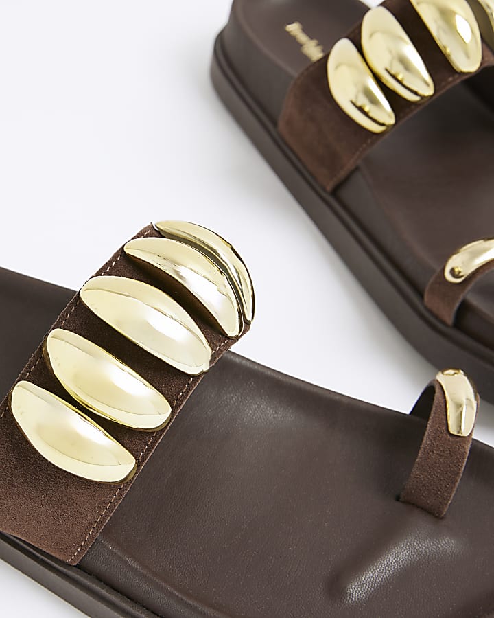 Brown Suede Studded Toe Clip Sandals