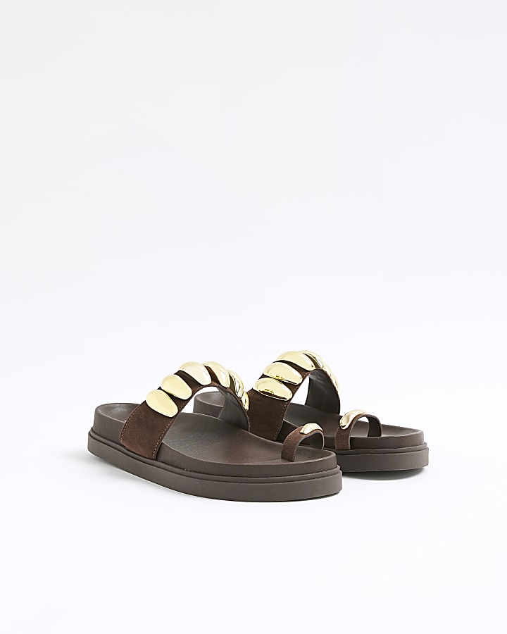 Brown Suede Studded Toe Clip Sandals