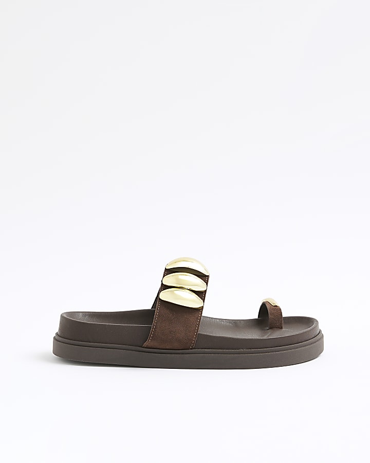 Brown Suede Studded Toe Clip Sandals