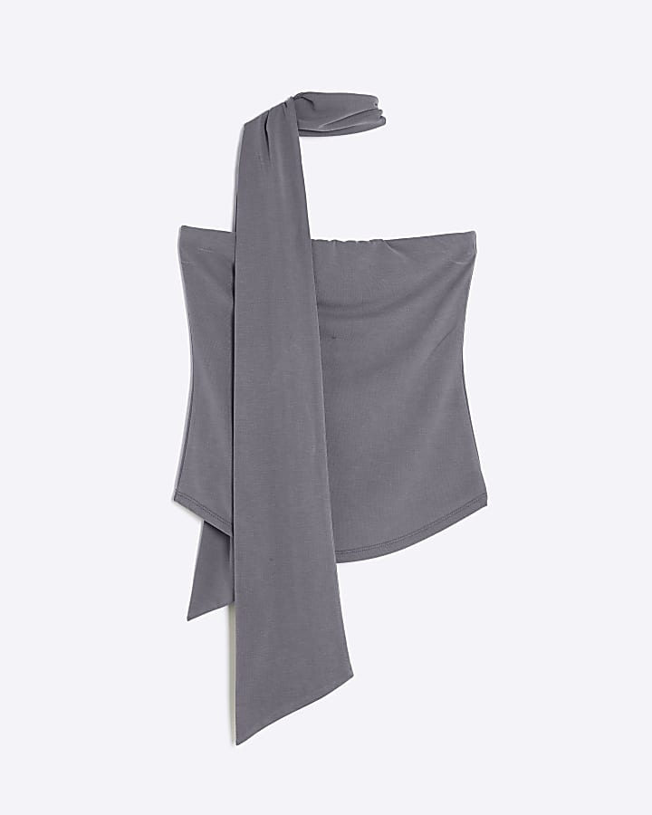 Grey Sleeveless Tie Neck Scarf Bandeau Top