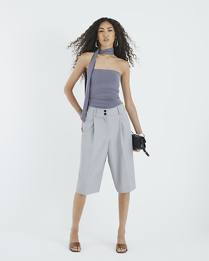 Grey Sleeveless Tie Neck Scarf Bandeau Top