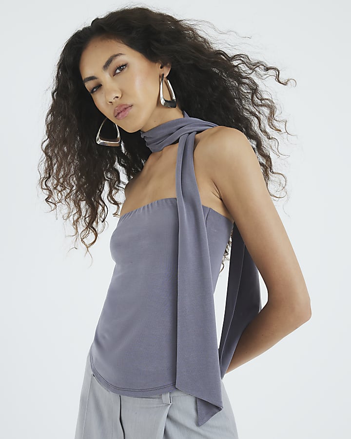 Grey Sleeveless Tie Neck Scarf Bandeau Top