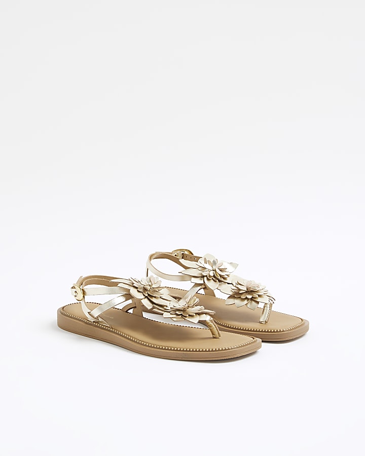 Gold Flower Trim Flat Sandals