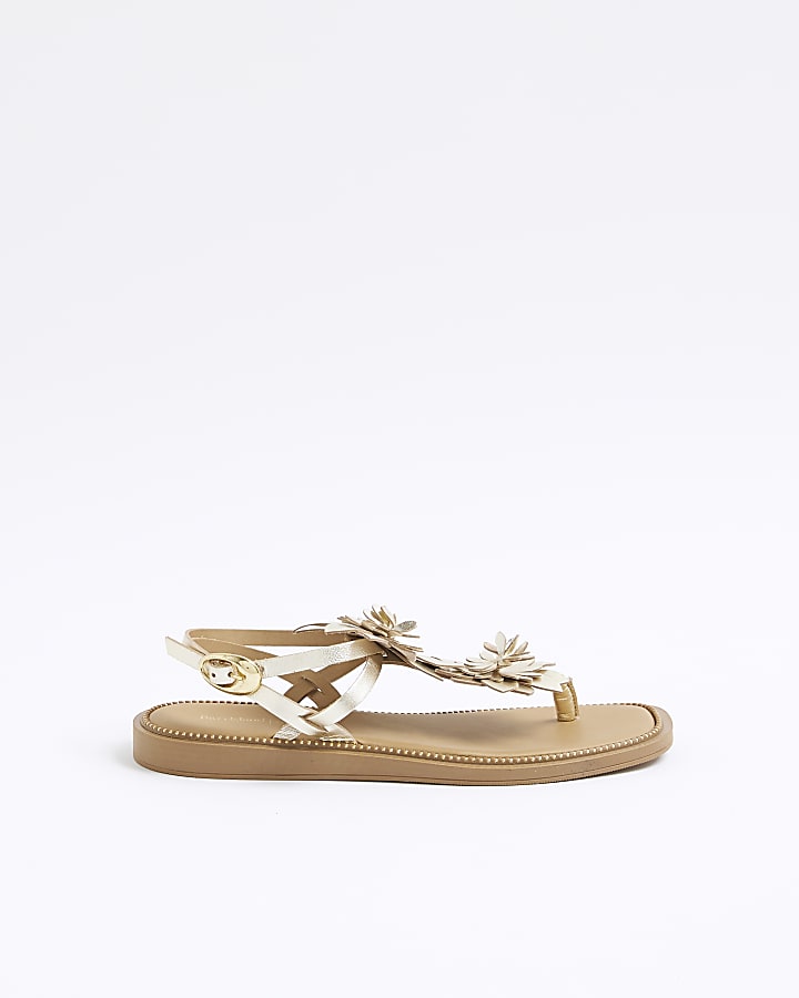 Gold Flower Trim Flat Sandals
