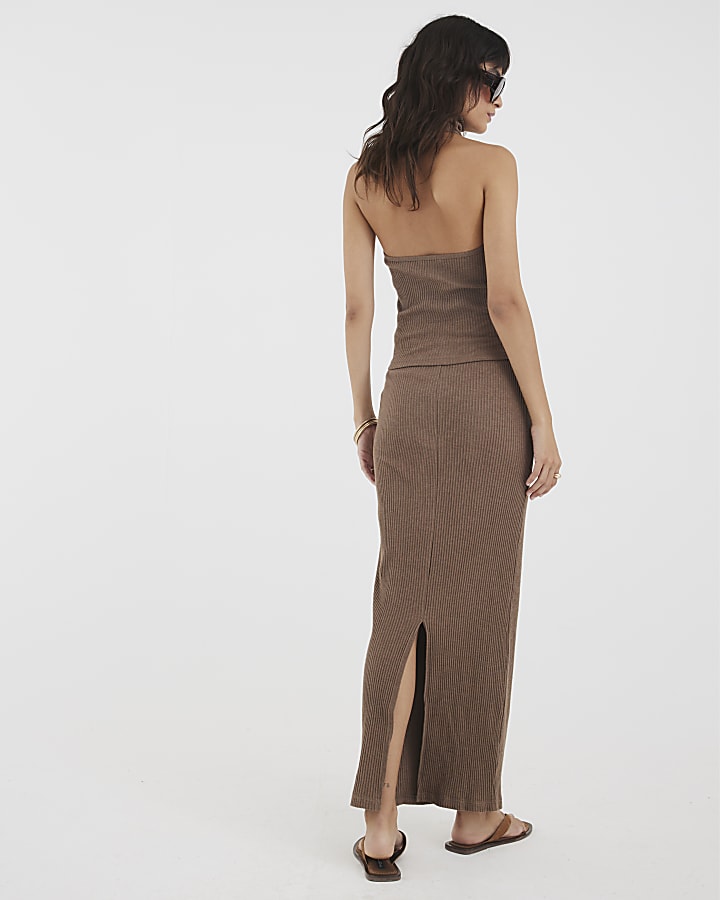 Brown Ribbed Midi Skirt