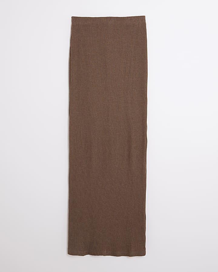 Brown Ribbed Midi Skirt